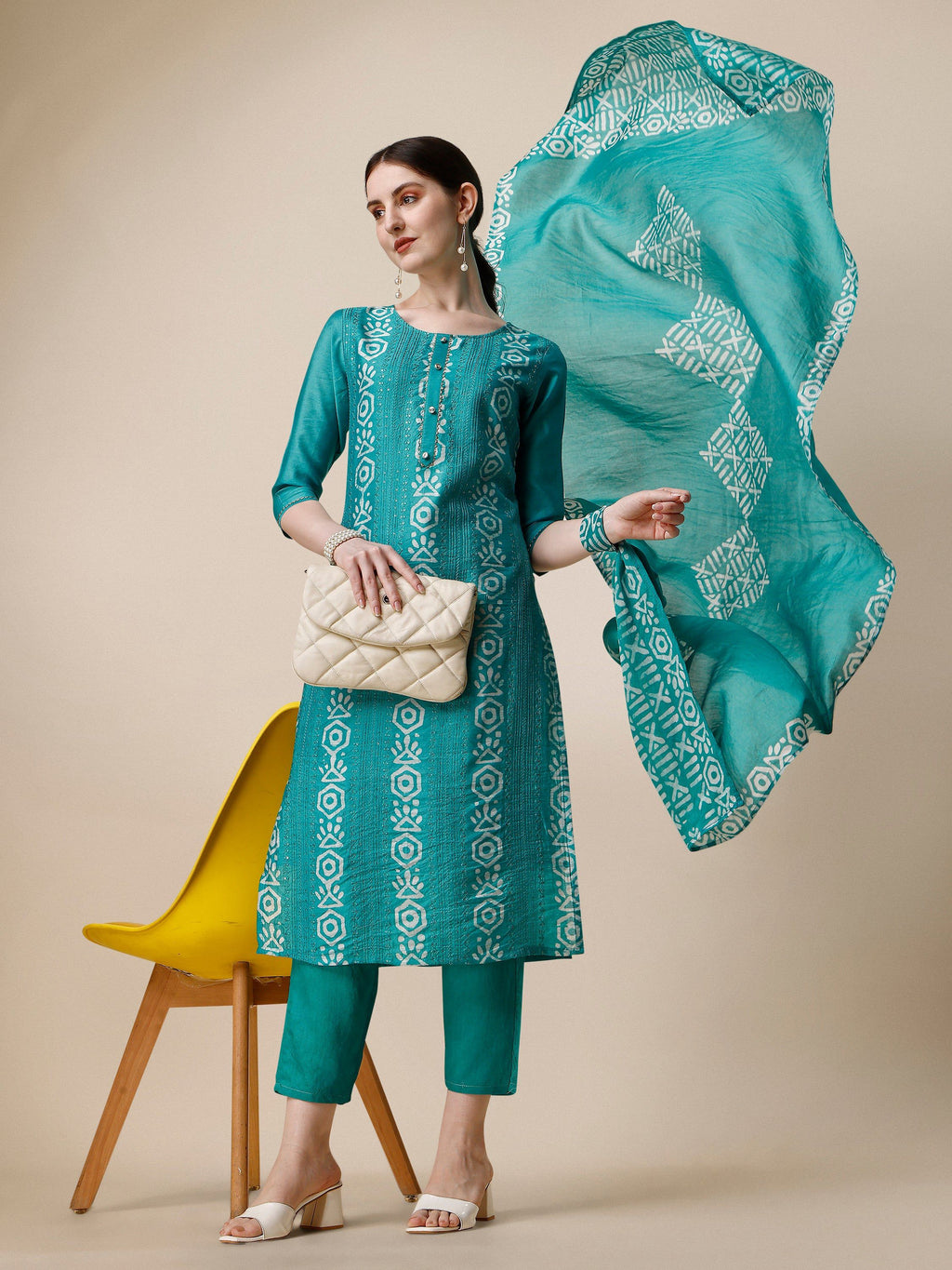 Embroidered Kurta With Pant And Dupatta Set, Multicolor - Hiral Fashion - Distacart