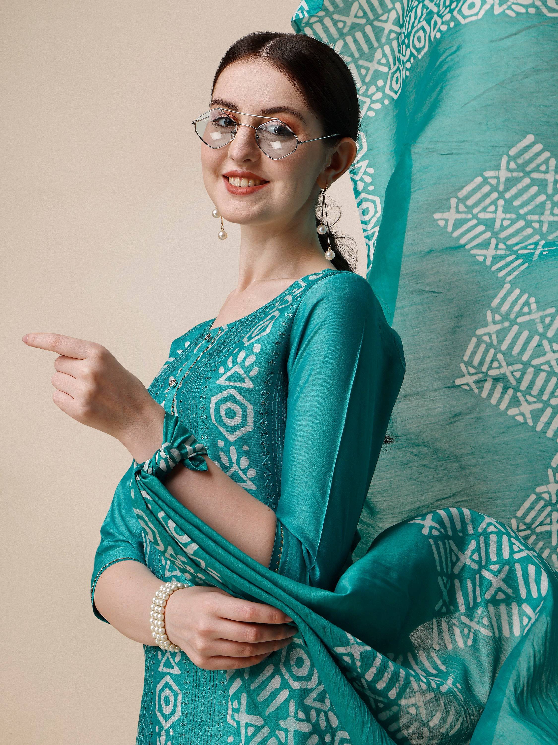 Embroidered Kurta With Pant And Dupatta Set, Multicolor - Hiral Fashion - Distacart