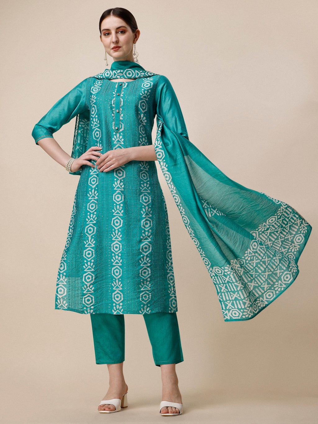 Embroidered Kurta With Pant And Dupatta Set, Multicolor - Hiral Fashion - Distacart