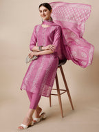 Embroidered & Printed Kurta With Pant And Dupatta Set, Multicolor - Hiral Fashion - Distacart