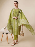 Printed & Embroidered Kurta With Pant & Printed Dupatta Set, Multicolor - Hiral Fashion - Distacart