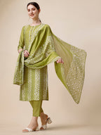 Printed & Embroidered Kurta With Pant & Printed Dupatta Set, Multicolor - Hiral Fashion - Distacart
