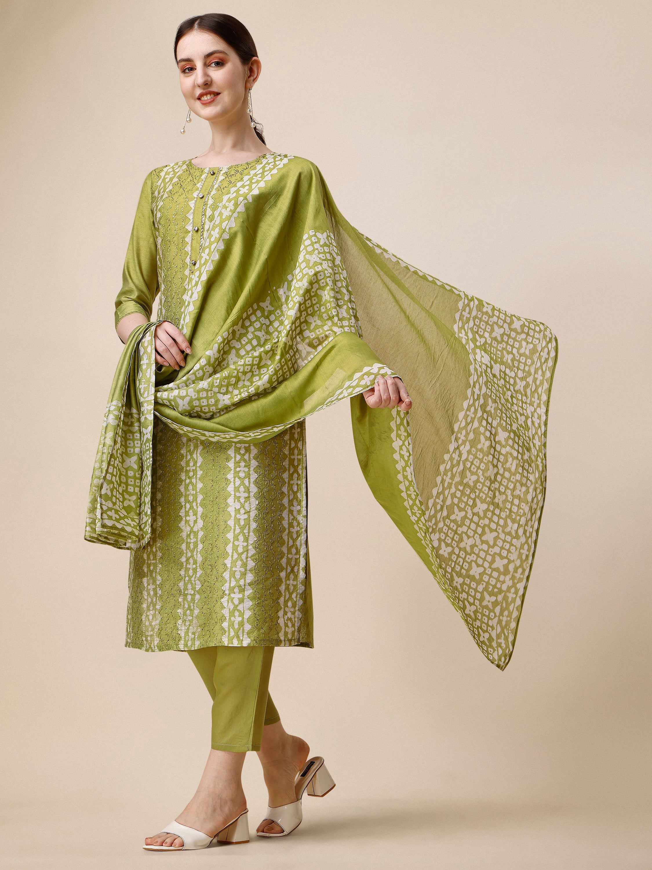 Printed & Embroidered Kurta With Pant & Printed Dupatta Set, Multicolor - Hiral Fashion - Distacart