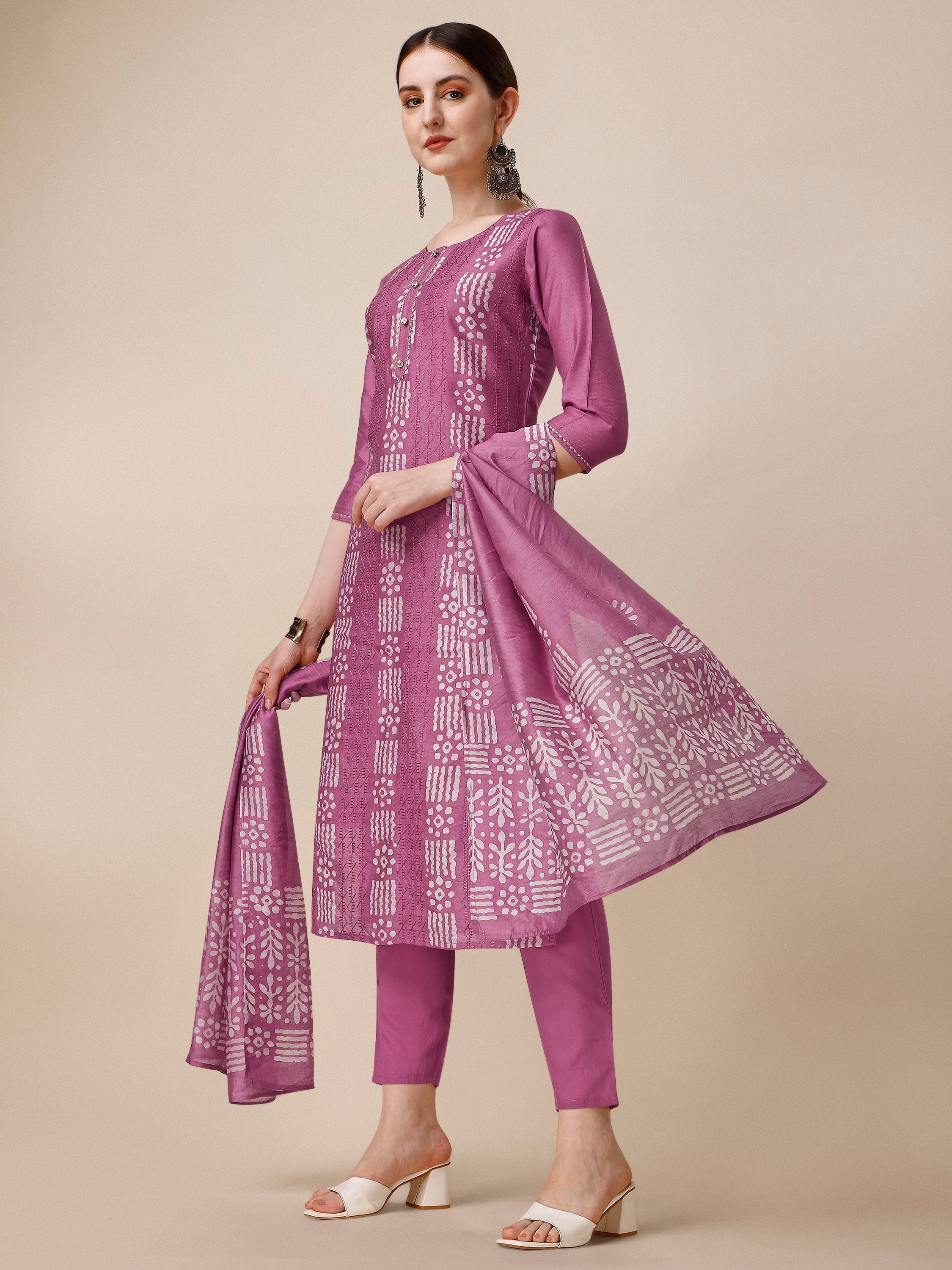 Chanderi Bandhni Printed Kurta With Pant & Dupatta Set, Multicolor - Hiral Fashion - Distacart