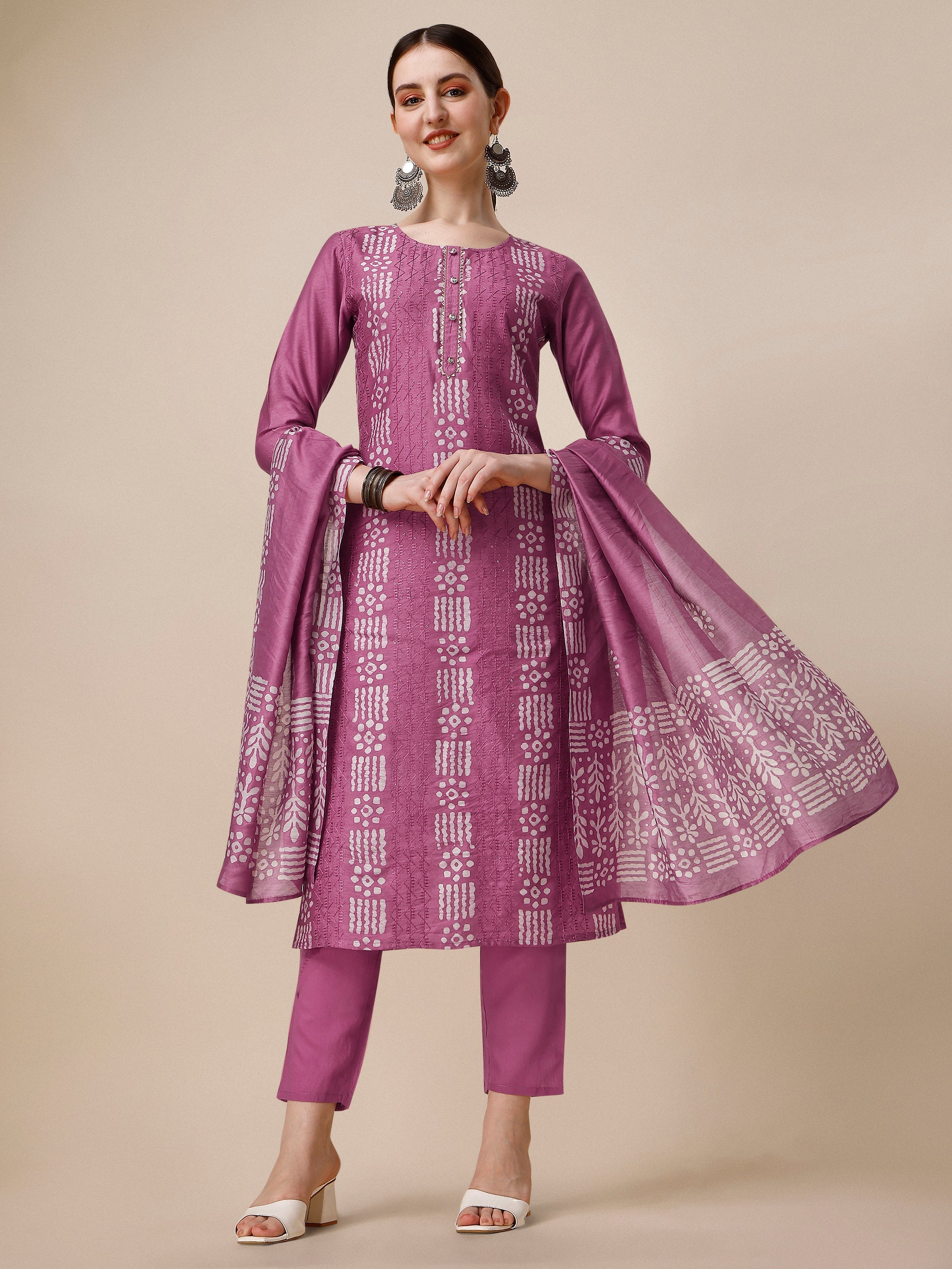 Chanderi Bandhni Printed Kurta With Pant & Dupatta Set, Multicolor - Hiral Fashion - Distacart