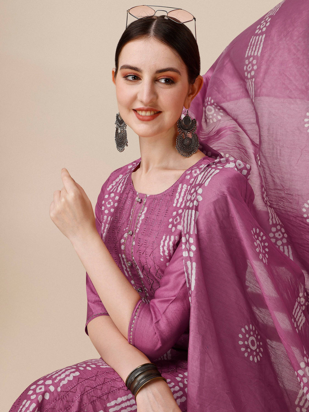 Chanderi Bandhni Printed Kurta With Pant & Dupatta Set, Multicolor - Hiral Fashion - Distacart