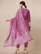 Chanderi Bandhni Printed Kurta With Pant & Dupatta Set, Multicolor - Hiral Fashion - Distacart