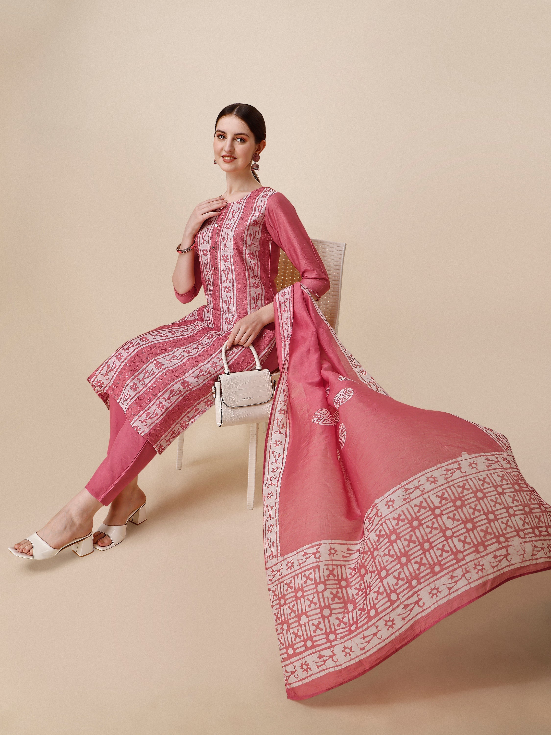 Printed & Embroidered Kurta With Pant & Dupatta Set, Multicolor - Hiral Fashion - Distacart