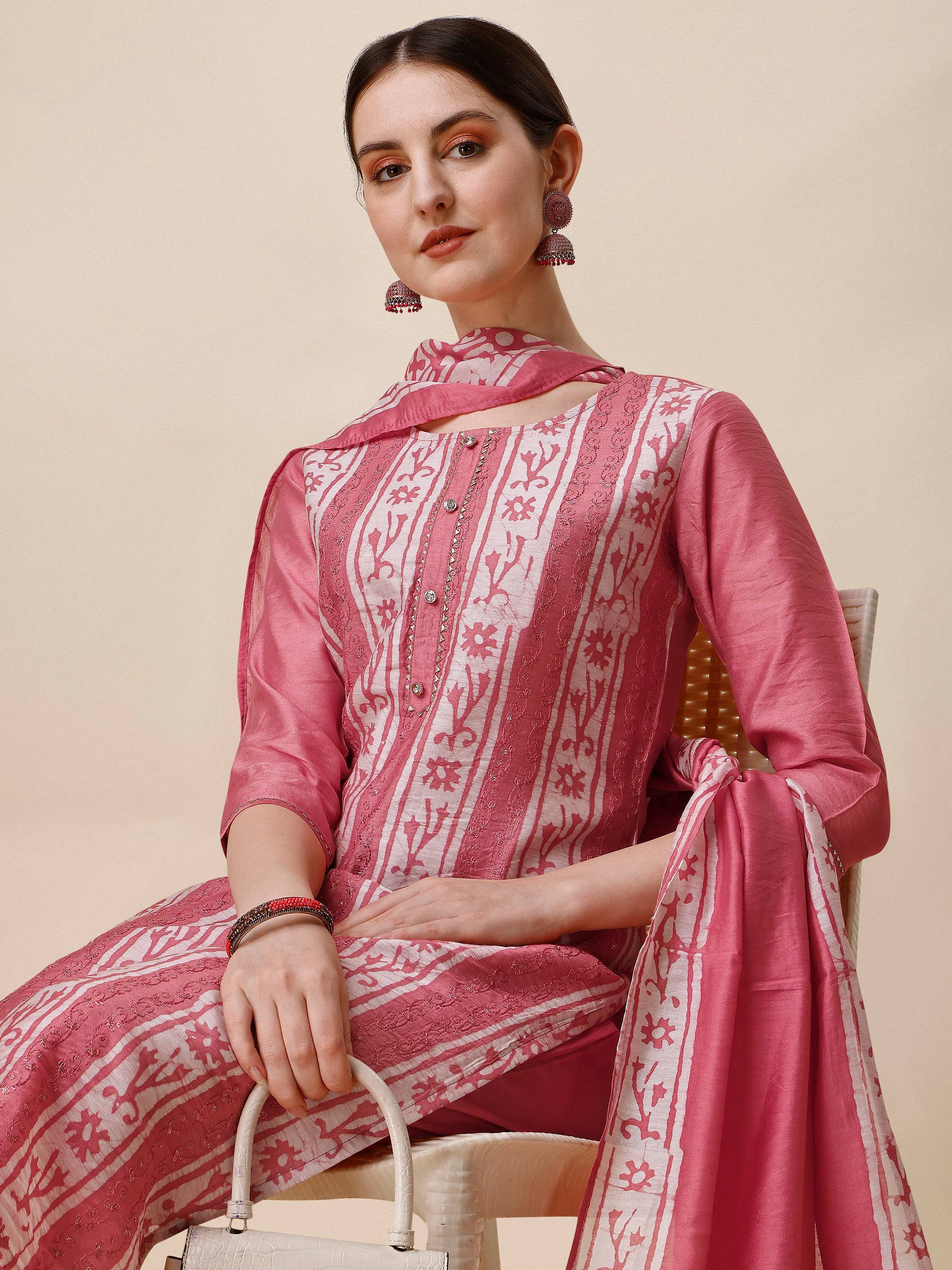 Printed & Embroidered Kurta With Pant & Dupatta Set, Multicolor - Hiral Fashion - Distacart