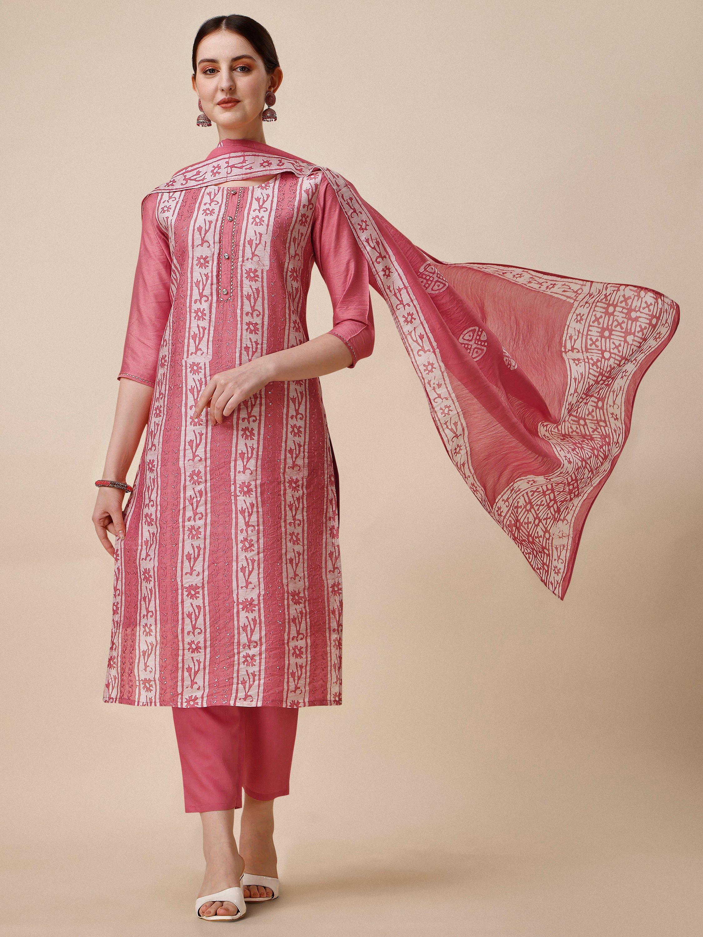 Printed & Embroidered Kurta With Pant & Dupatta Set, Multicolor - Hiral Fashion - Distacart