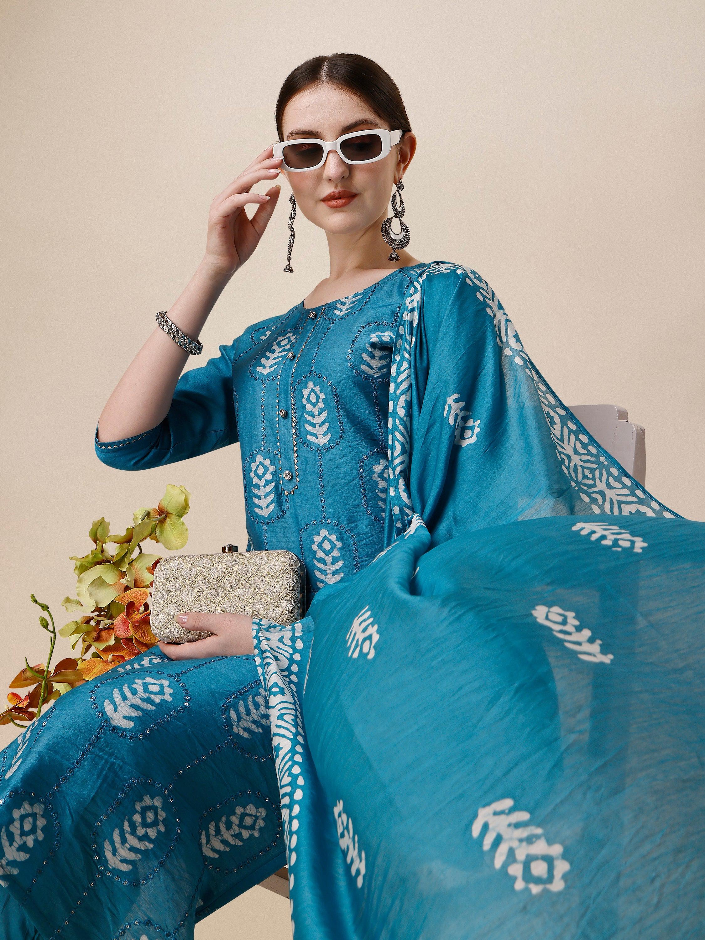 Printed & Embroidered Kurta With Pant & Dupatta Set, Multicolor - Hiral Fashion - Distacart