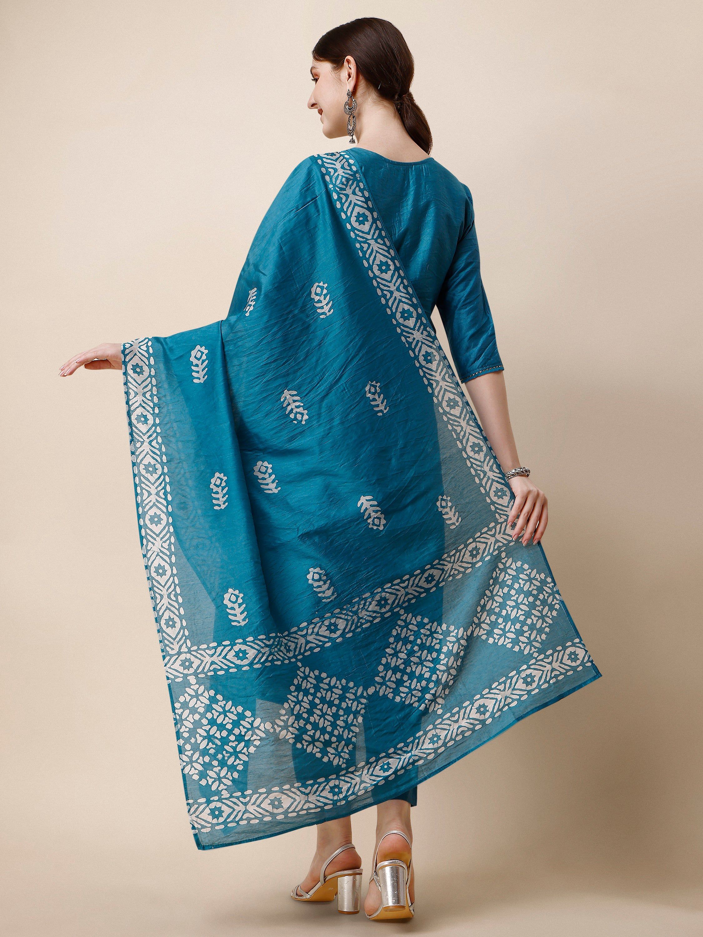 Printed & Embroidered Kurta With Pant & Dupatta Set, Multicolor - Hiral Fashion - Distacart