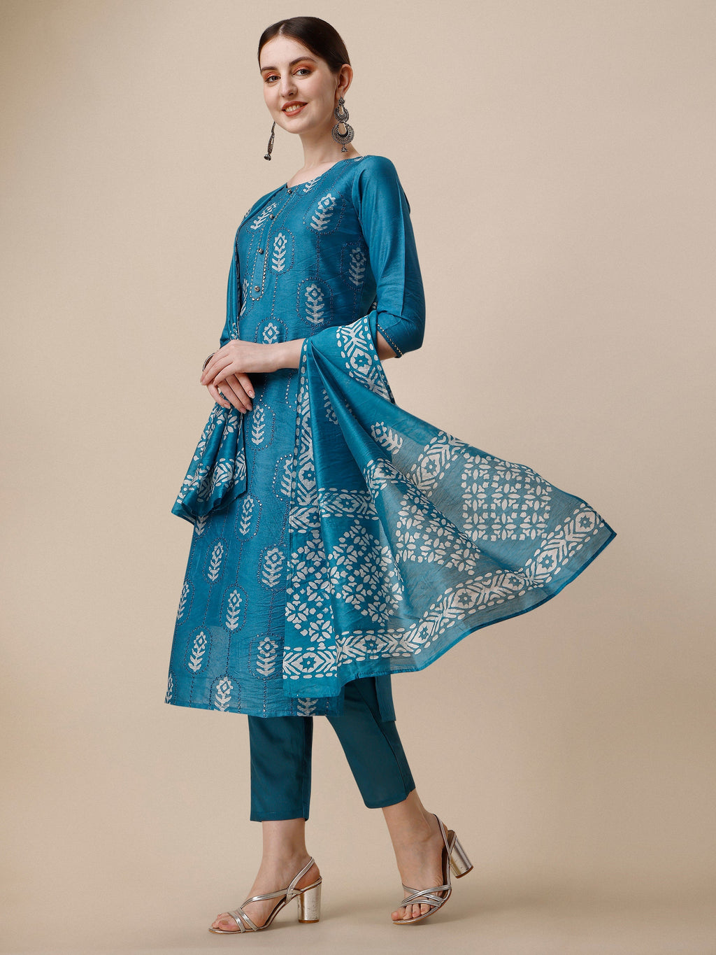 Printed & Embroidered Kurta With Pant & Dupatta Set, Multicolor - Hiral Fashion - Distacart