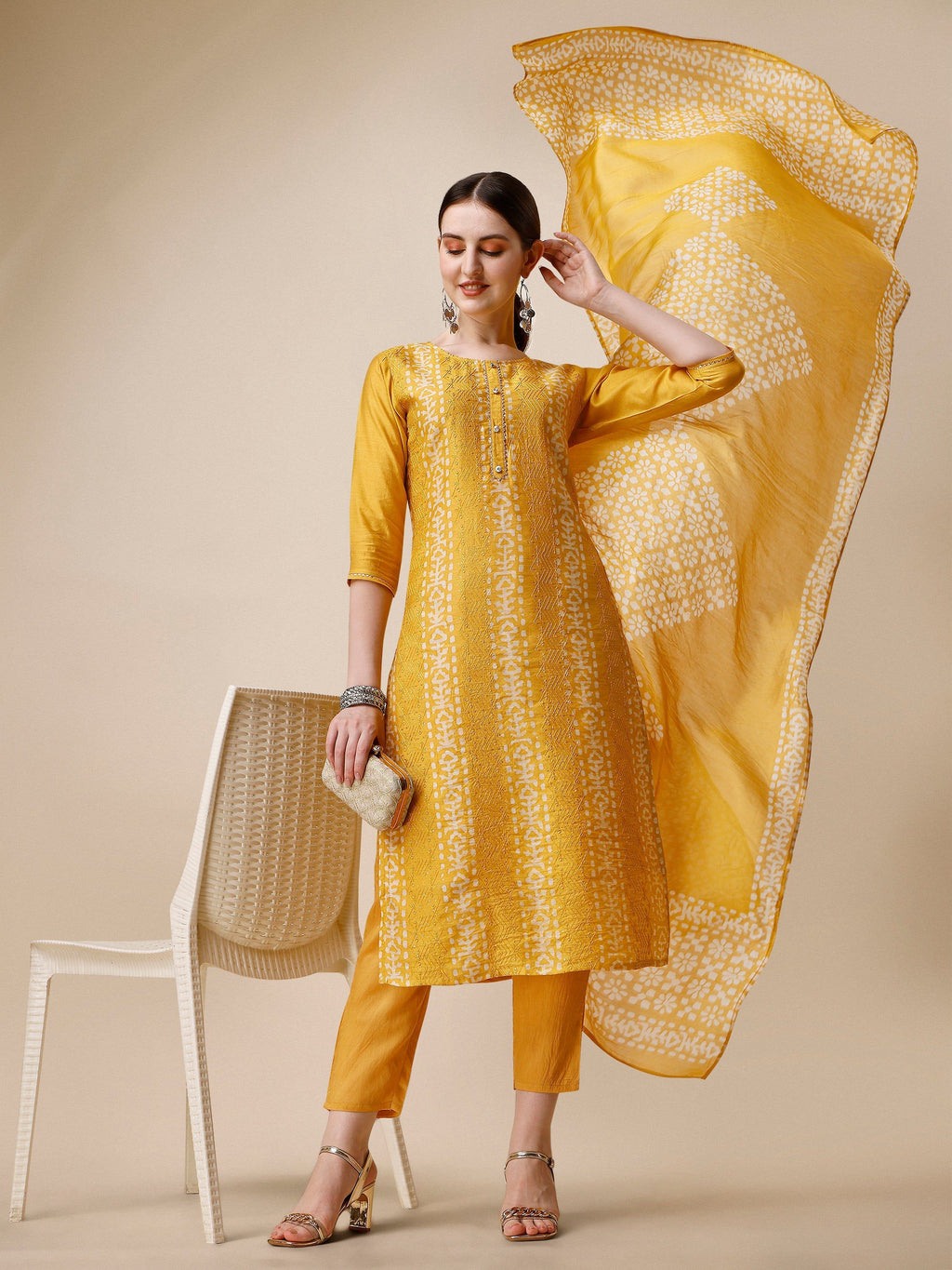 Printed & Embroidered Kurta With Pant & Dupatta Set, Multicolor - Hiral Fashion - Distacart