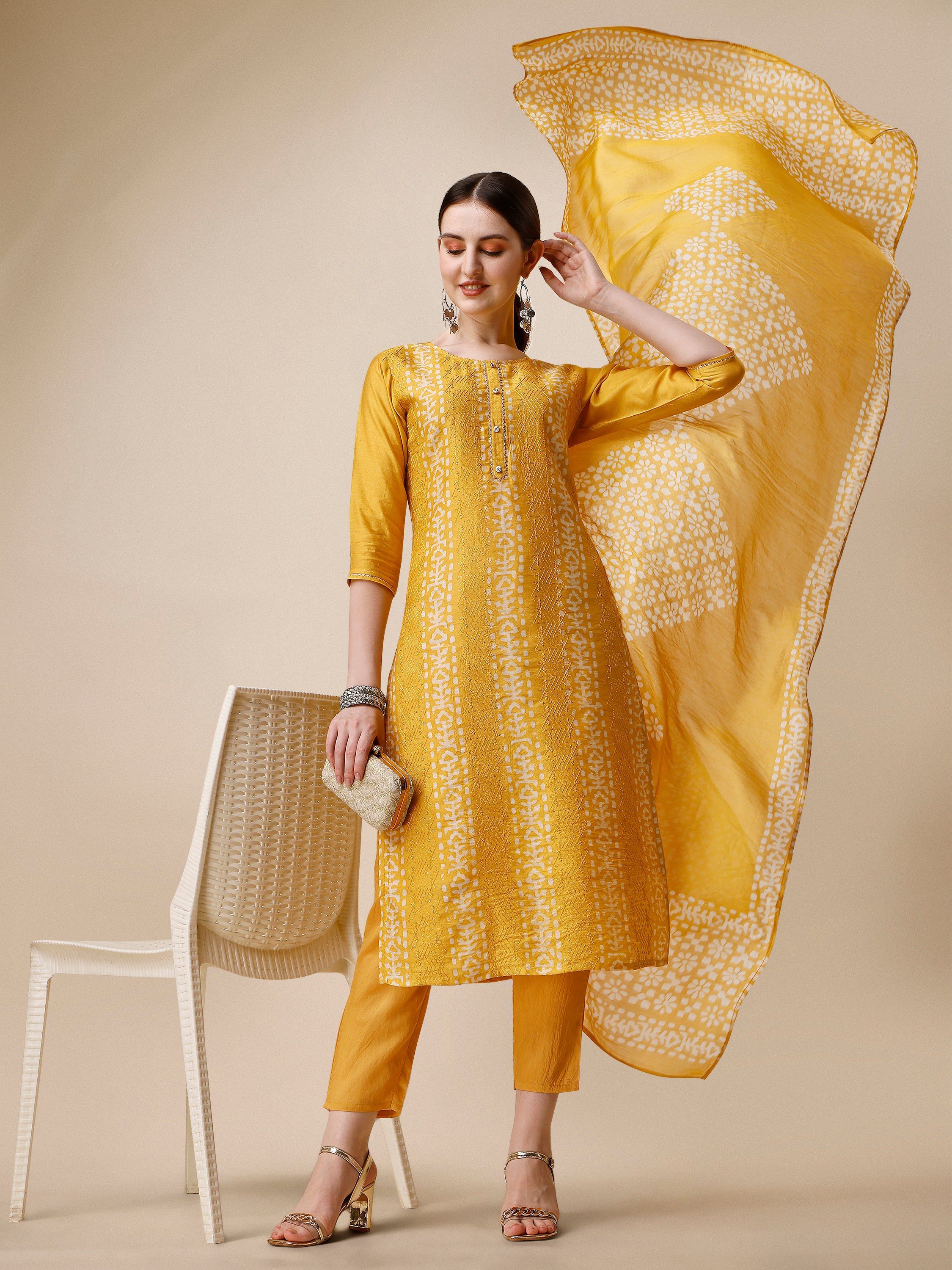 Printed & Embroidered Kurta With Pant & Dupatta Set, Multicolor - Hiral Fashion - Distacart