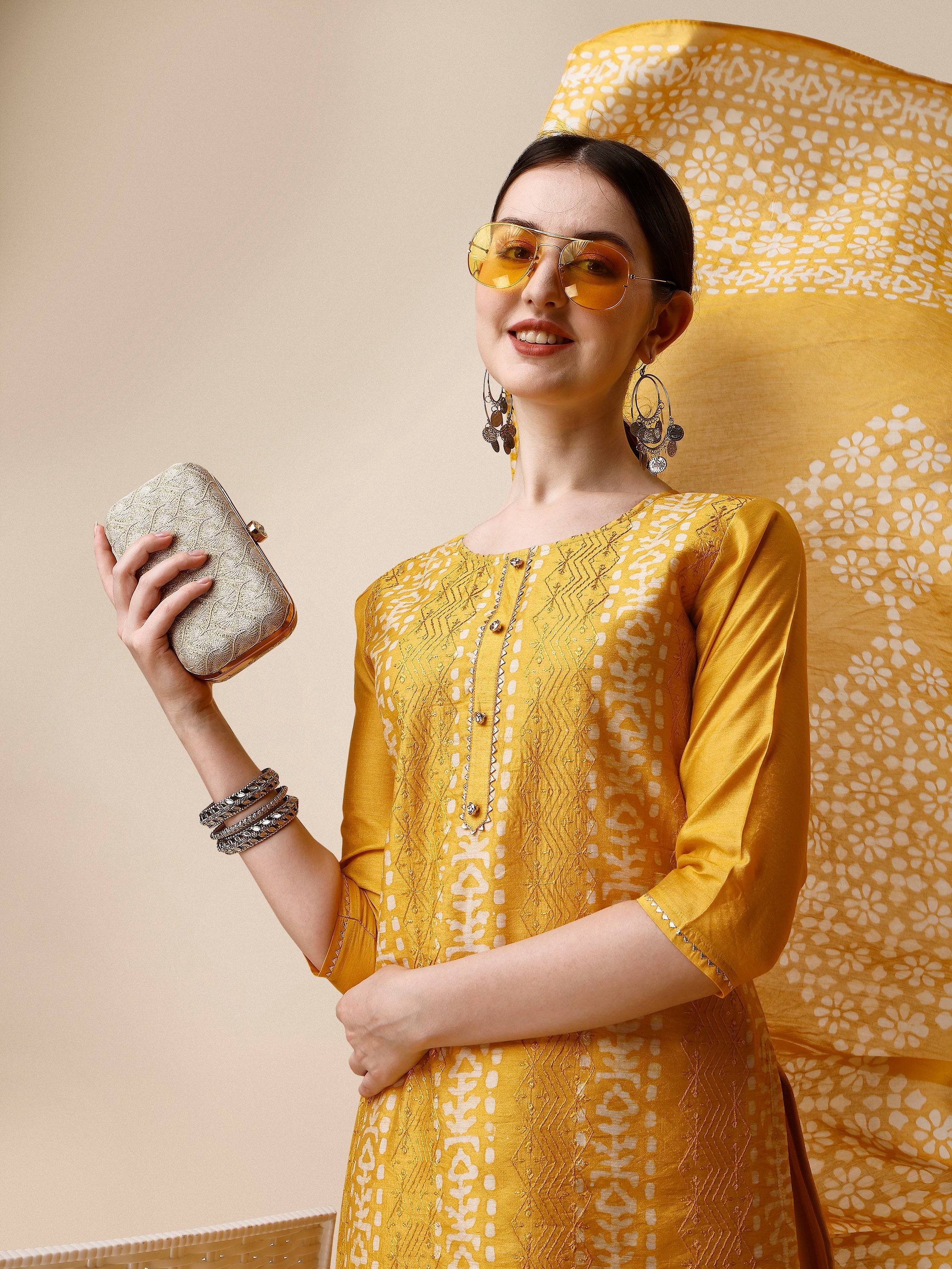 Printed & Embroidered Kurta With Pant & Dupatta Set, Multicolor - Hiral Fashion - Distacart