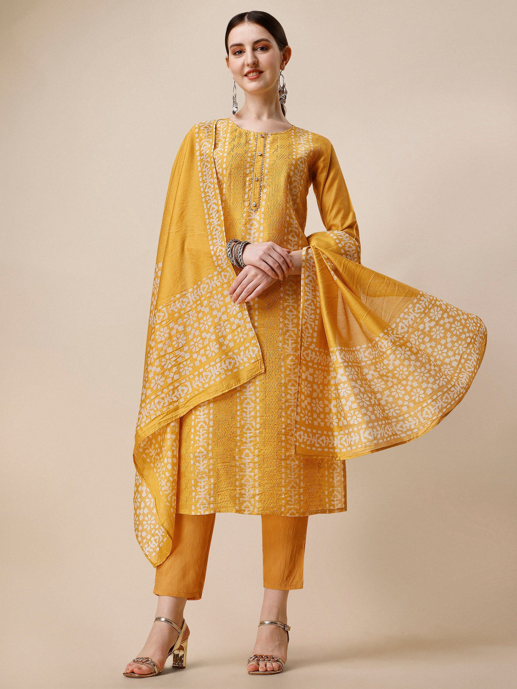 Printed & Embroidered Kurta With Pant & Dupatta Set, Multicolor - Hiral Fashion - Distacart