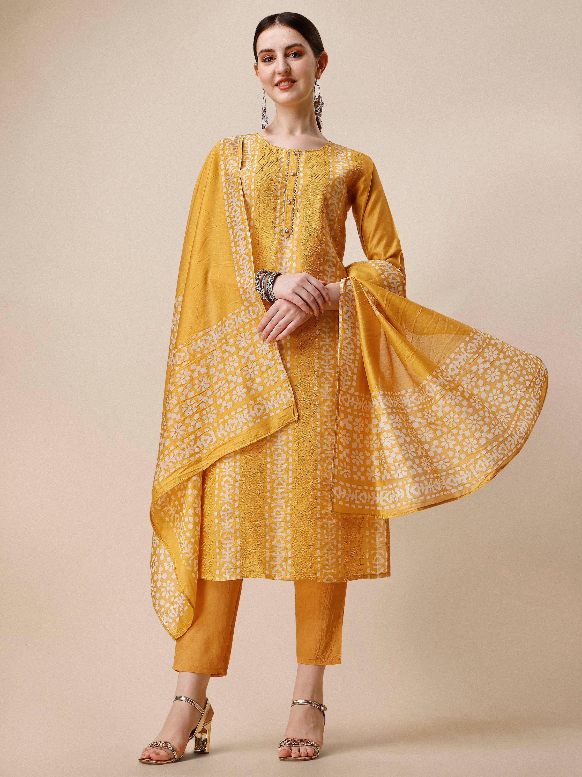 Printed & Embroidered Kurta With Pant & Dupatta Set, Multicolor - Hiral Fashion - Distacart