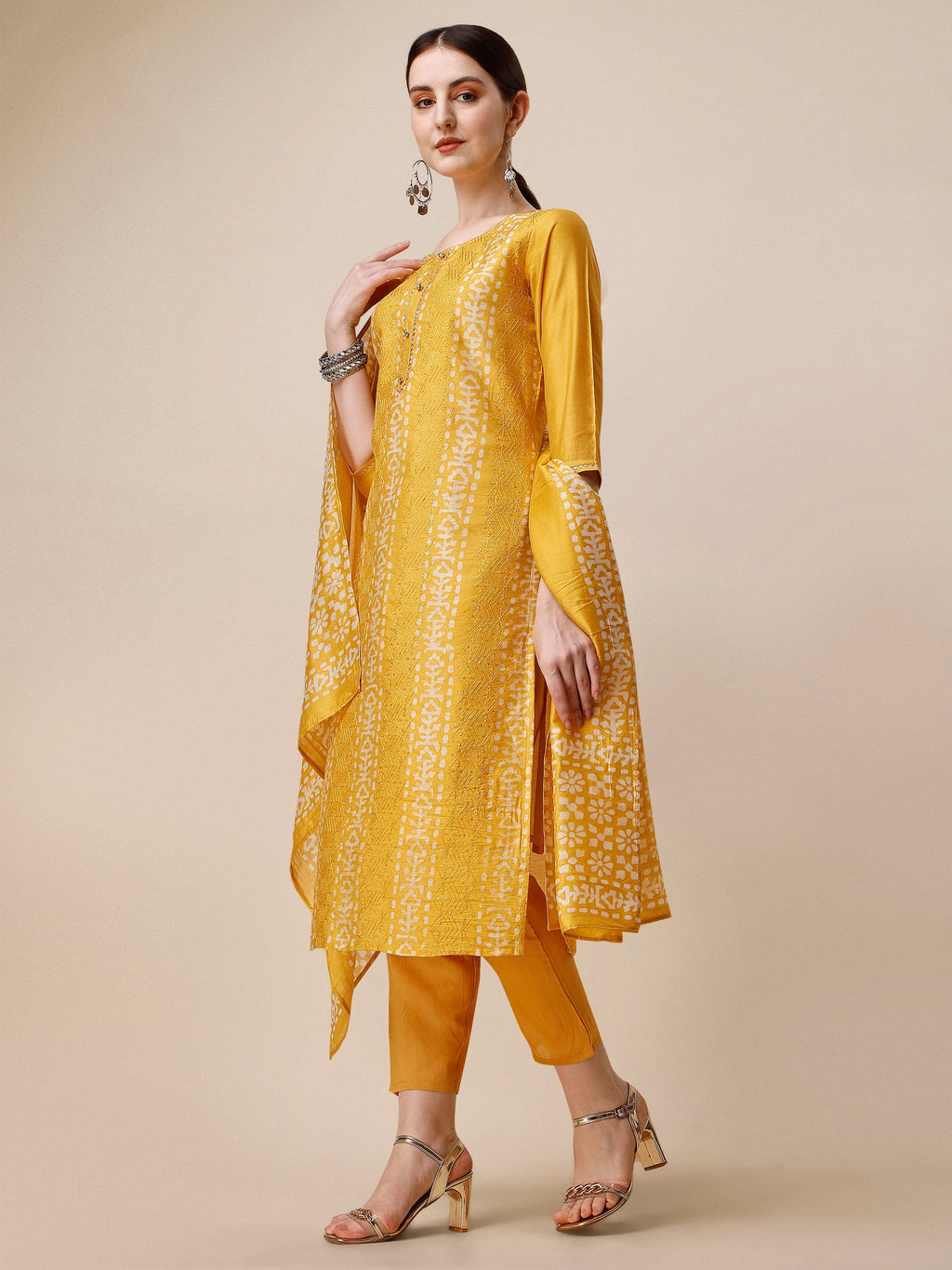 Printed & Embroidered Kurta With Pant & Dupatta Set, Multicolor - Hiral Fashion - Distacart