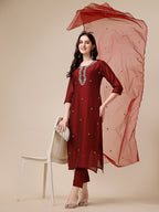 Embroidered Kurta With Pant And Dupatta Set, Multicolor - Hiral Fashion - Distacart