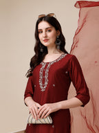 Embroidered Kurta With Pant And Dupatta Set, Multicolor - Hiral Fashion - Distacart