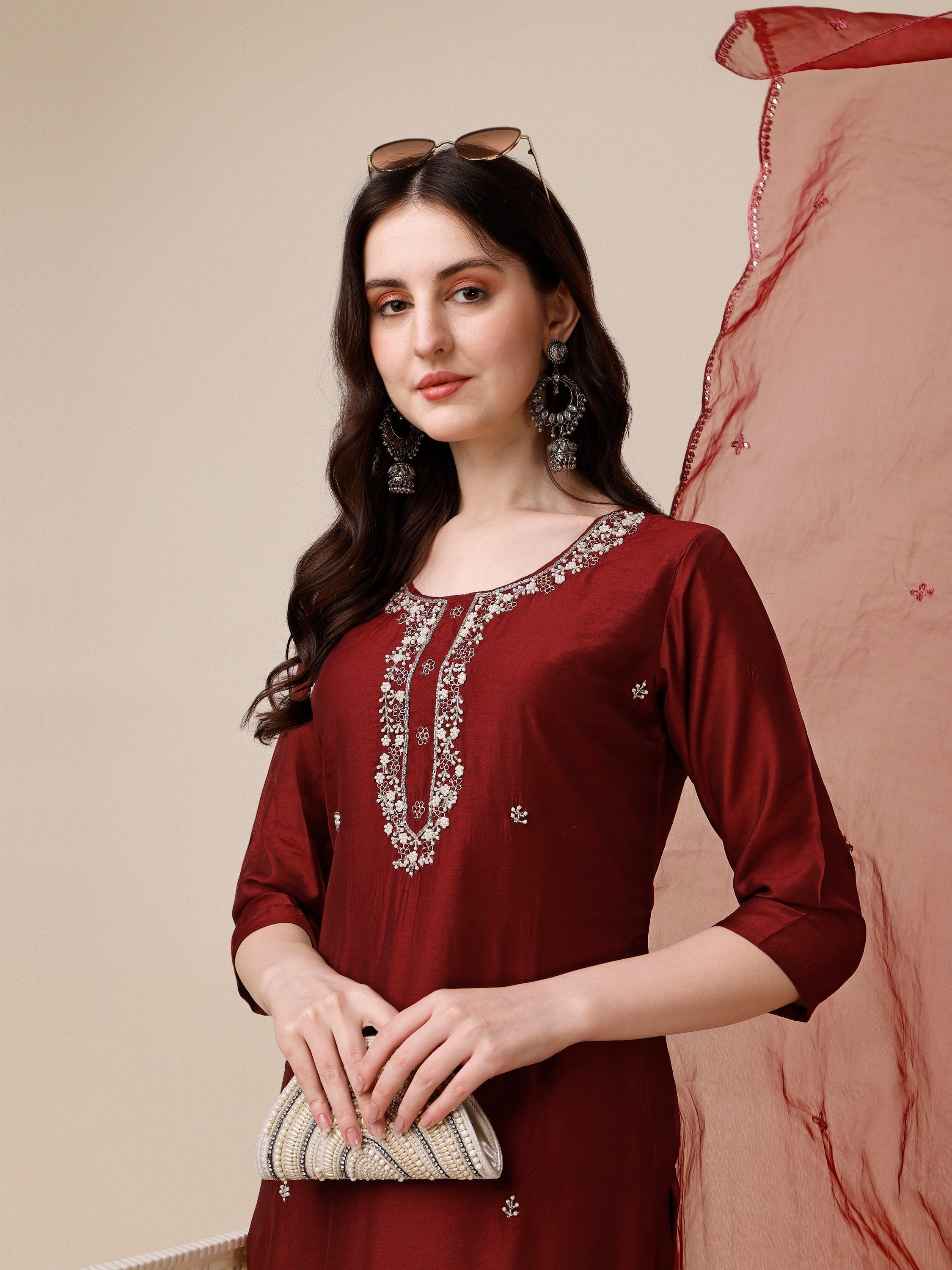Embroidered Kurta With Pant And Dupatta Set, Multicolor - Hiral Fashion - Distacart