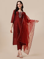Embroidered Kurta With Pant And Dupatta Set, Multicolor - Hiral Fashion - Distacart