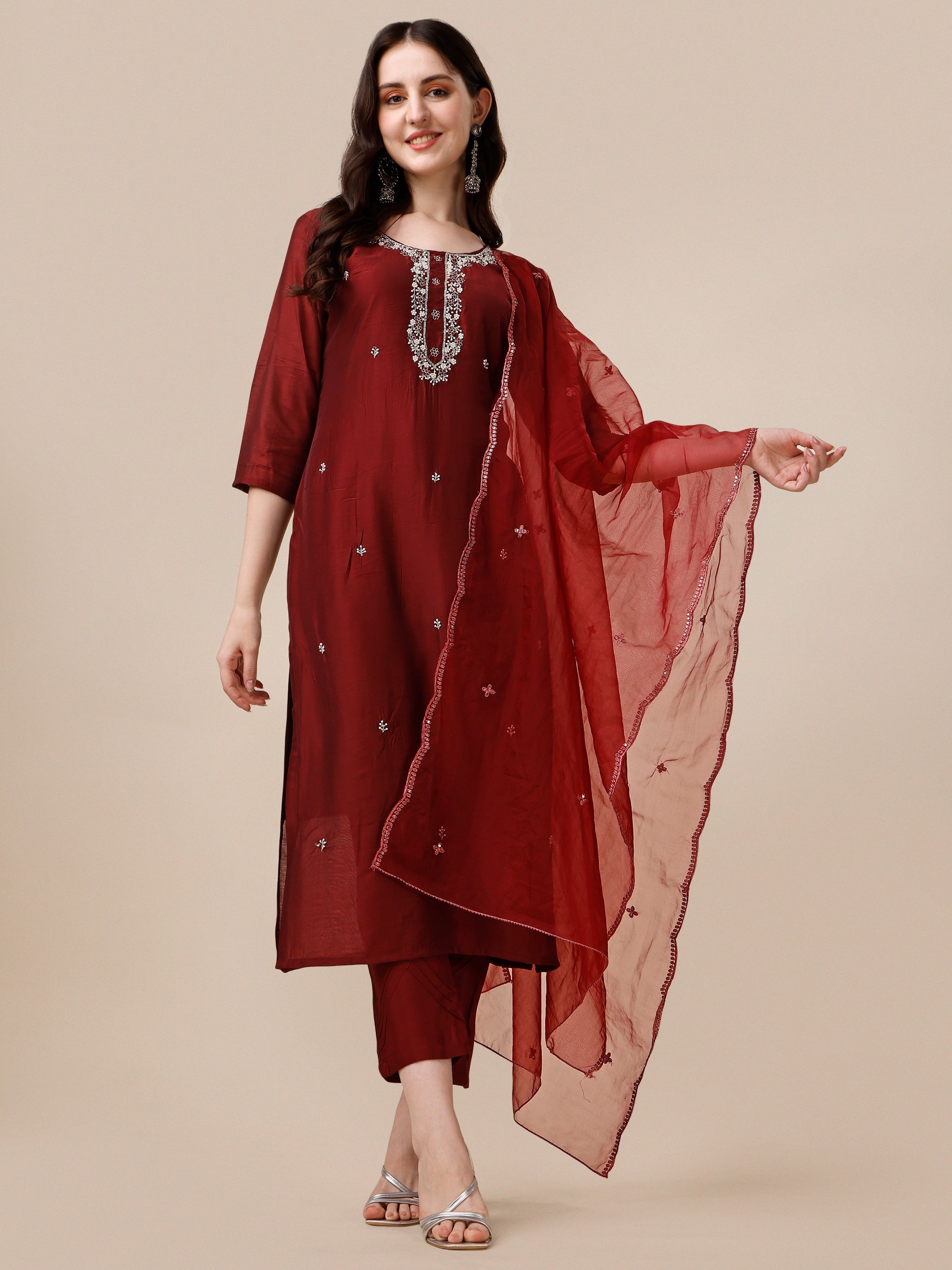 Embroidered Kurta With Pant And Dupatta Set, Multicolor - Hiral Fashion - Distacart