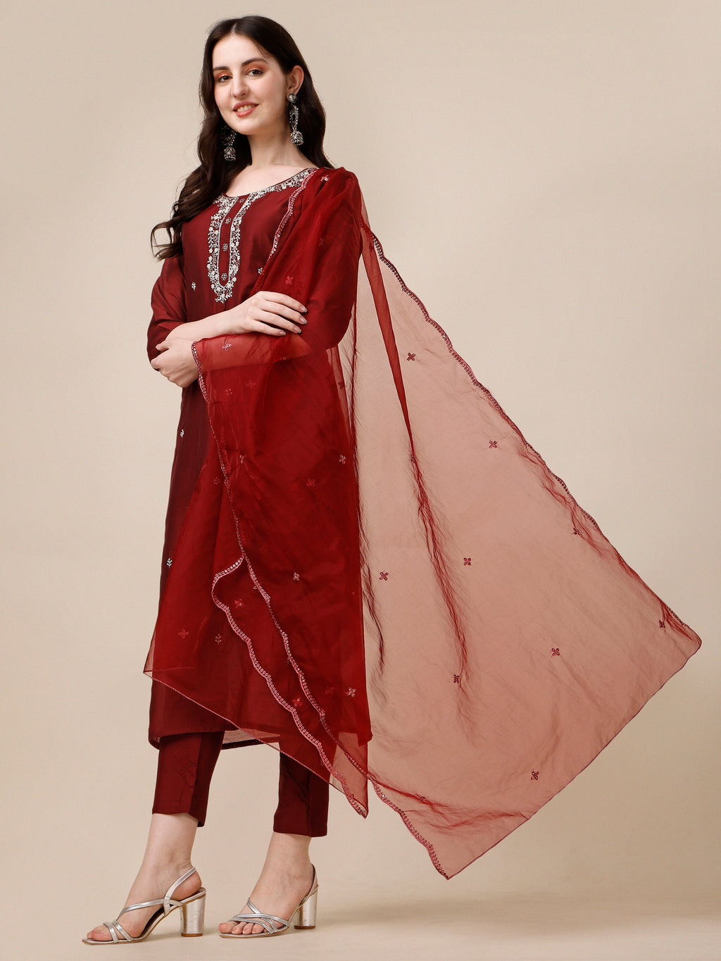 Embroidered Kurta With Pant And Dupatta Set, Multicolor - Hiral Fashion - Distacart