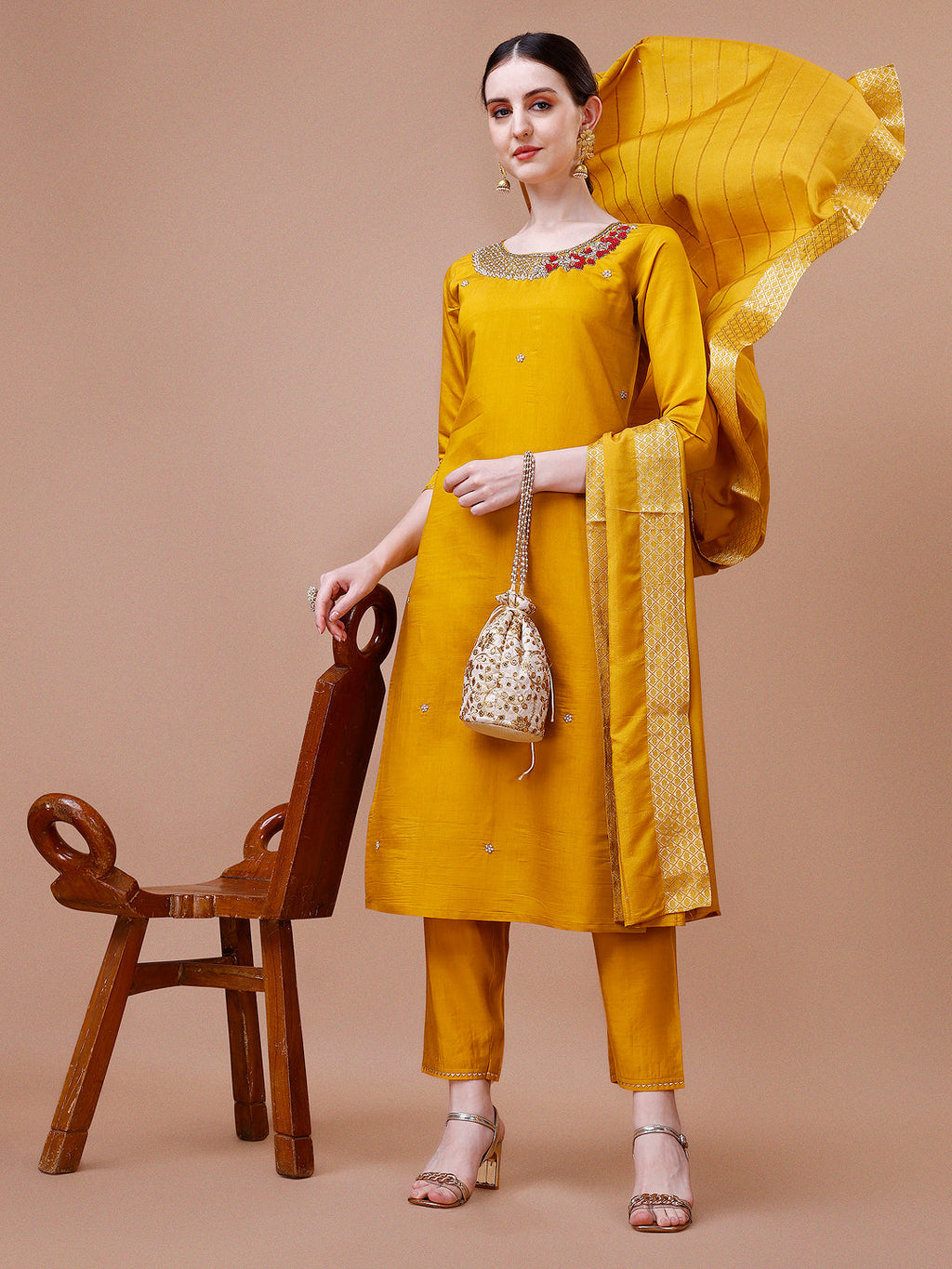 Hand Embroidered And Embellished Kurta With Pant And Dupatta Set, Multicolor - Hiral Fashion - Distacart