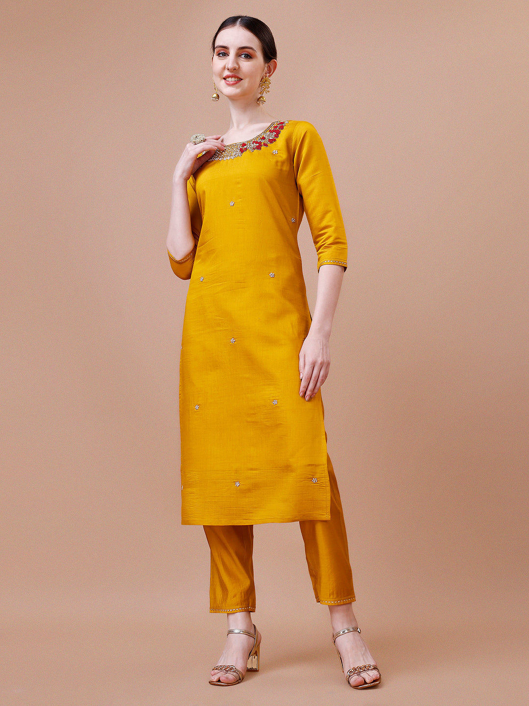 Hand Embroidered And Embellished Kurta With Pant And Dupatta Set, Multicolor - Hiral Fashion - Distacart
