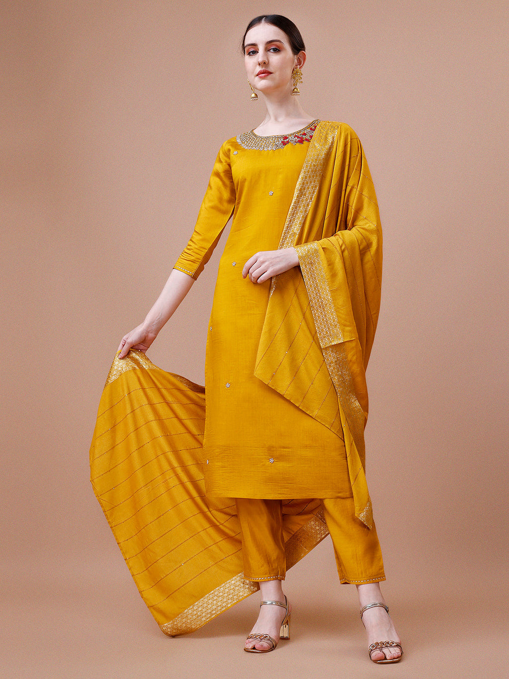 Hand Embroidered And Embellished Kurta With Pant And Dupatta Set, Multicolor - Hiral Fashion - Distacart