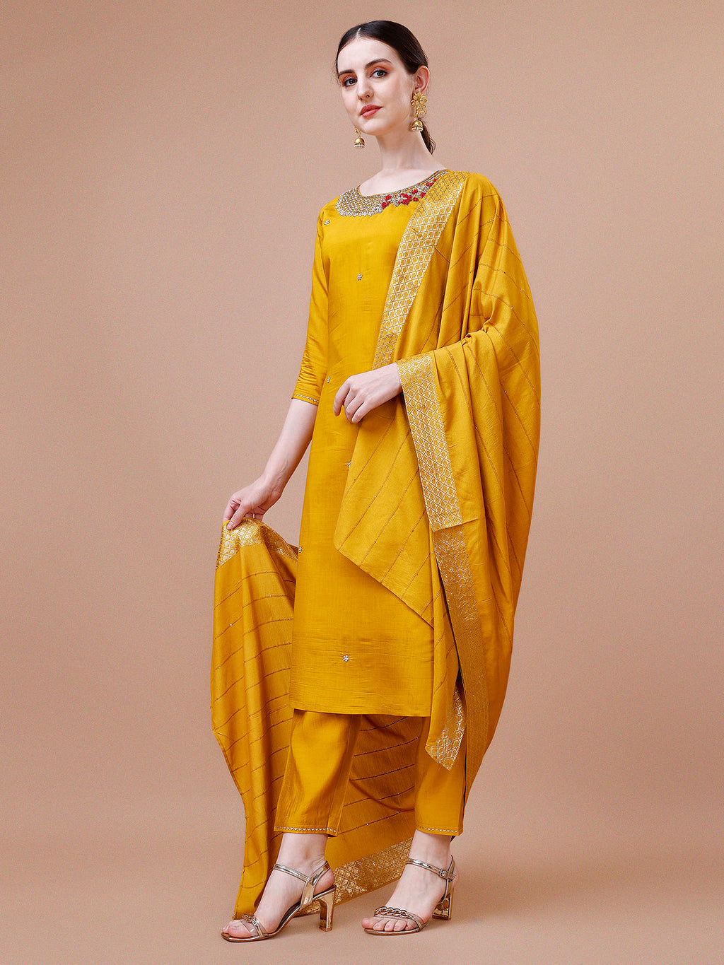 Hand Embroidered And Embellished Kurta With Pant And Dupatta Set, Multicolor - Hiral Fashion - Distacart