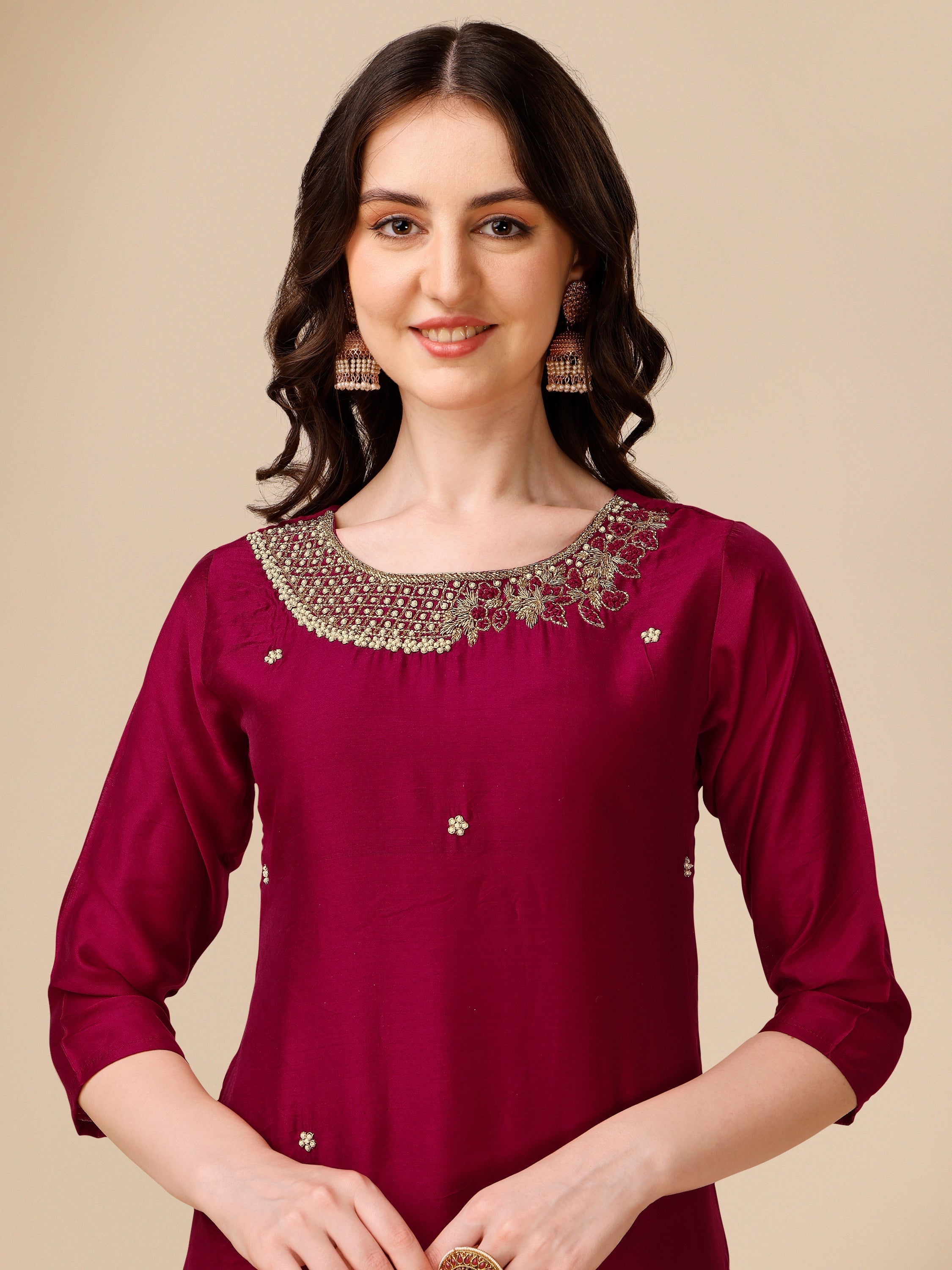 Hand Embroidered Kurta With Pant And Dupatta Set, Multicolor - Hiral Fashion - Distacart