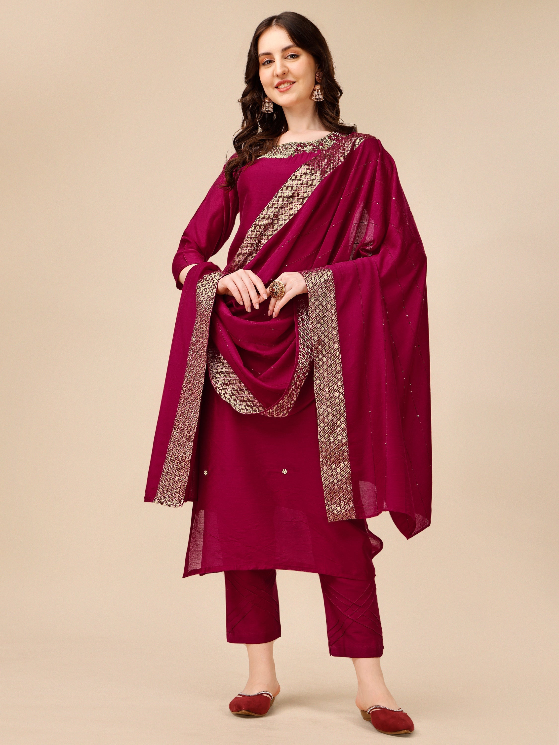 Hand Embroidered Kurta With Pant And Dupatta Set, Multicolor - Hiral Fashion - Distacart