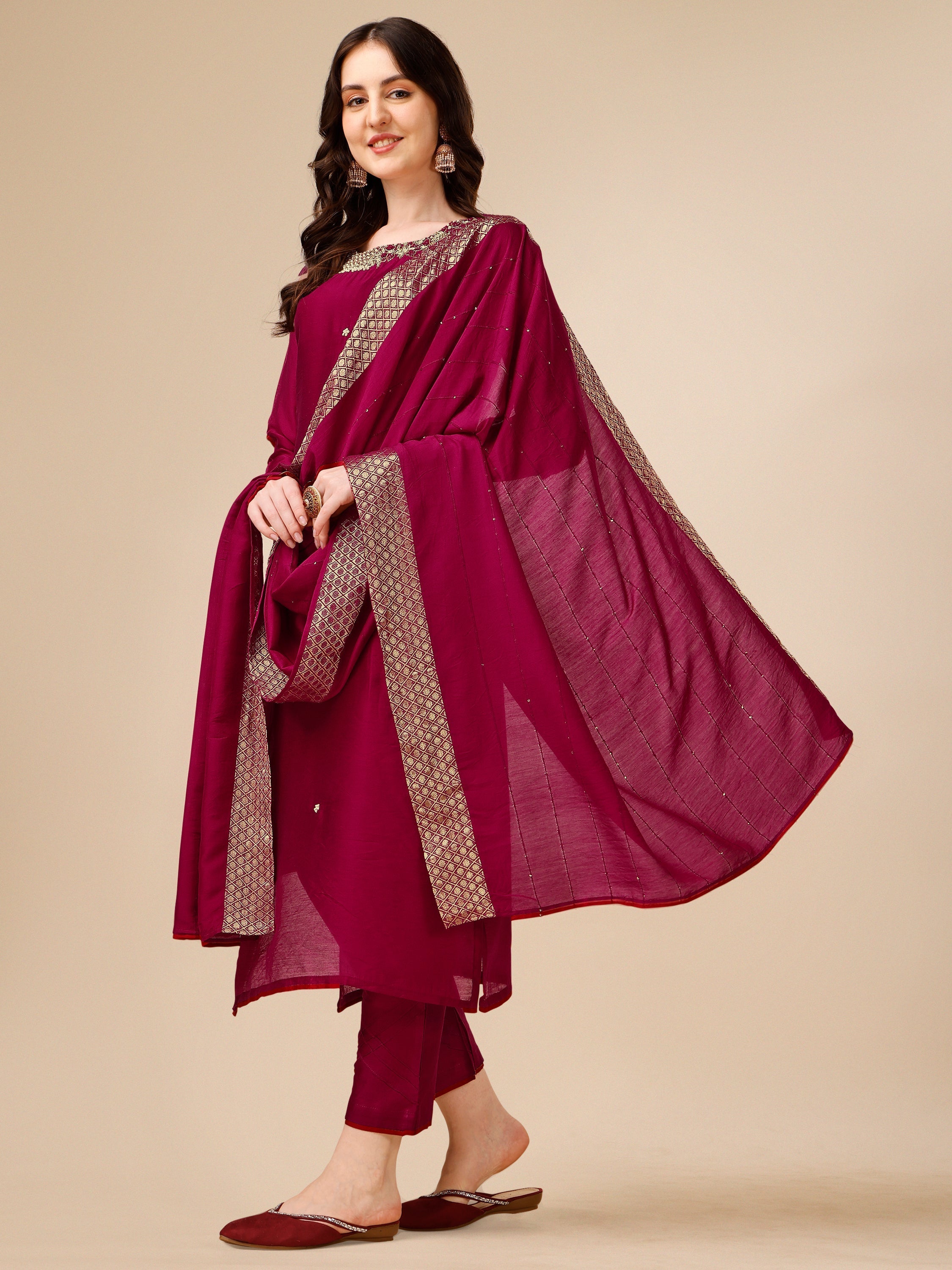 Hand Embroidered Kurta With Pant And Dupatta Set, Multicolor - Hiral Fashion - Distacart
