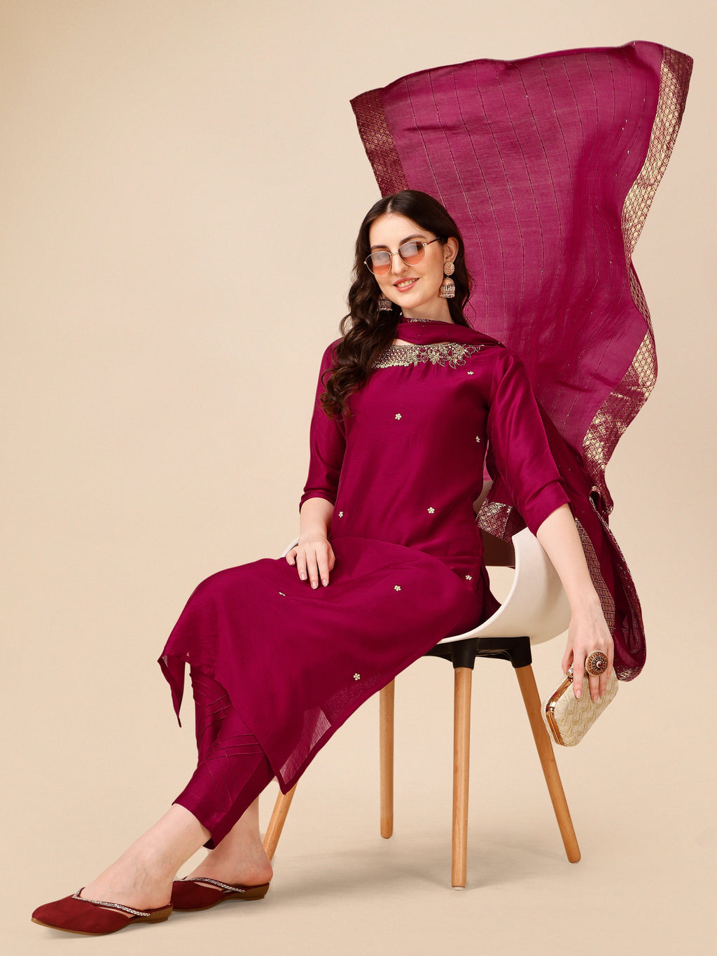 Hand Embroidered Kurta With Pant And Dupatta Set, Multicolor - Hiral Fashion - Distacart