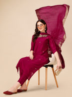 Hand Embroidered Kurta With Pant And Dupatta Set, Multicolor - Hiral Fashion - Distacart