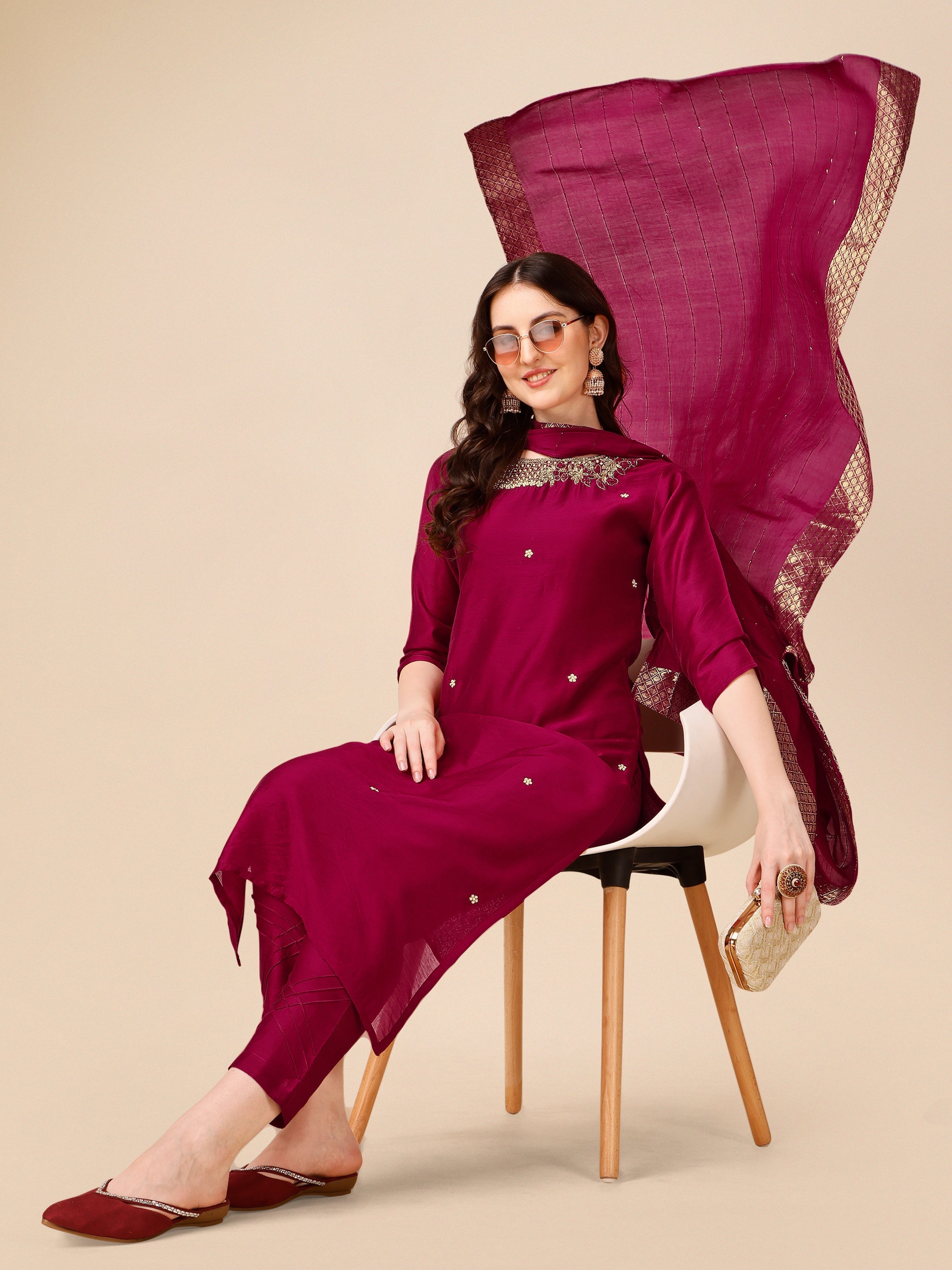 Hand Embroidered Kurta With Pant And Dupatta Set, Multicolor - Hiral Fashion - Distacart
