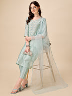Hand Embroidered Kurta With Pant And Organza Dupatta Set, Multicolor - Hiral Fashion - Distacart