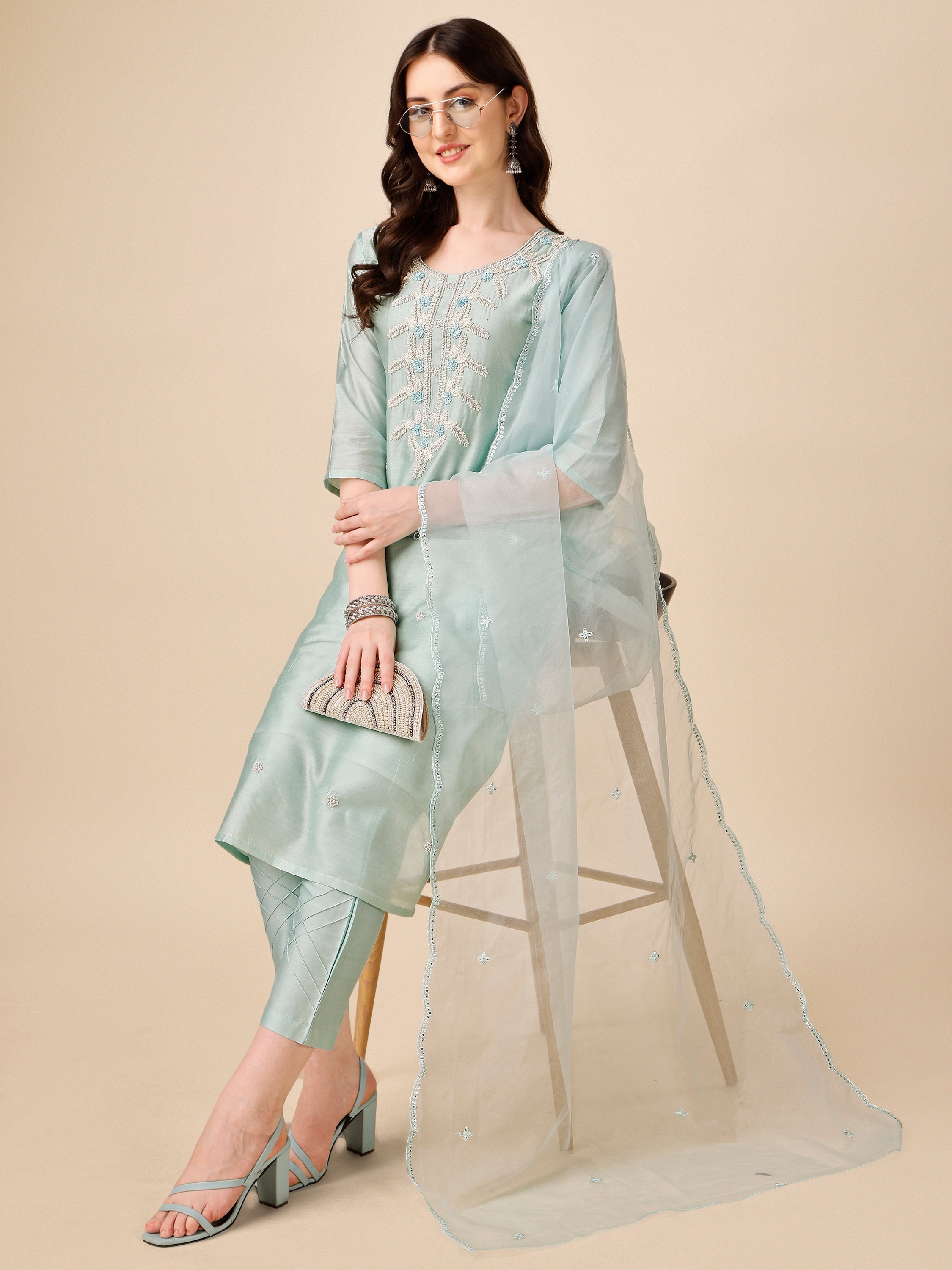 Hand Embroidered Kurta With Pant And Organza Dupatta Set, Multicolor - Hiral Fashion - Distacart
