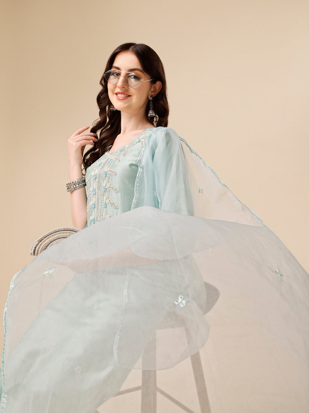 Hand Embroidered Kurta With Pant And Organza Dupatta Set, Multicolor - Hiral Fashion - Distacart