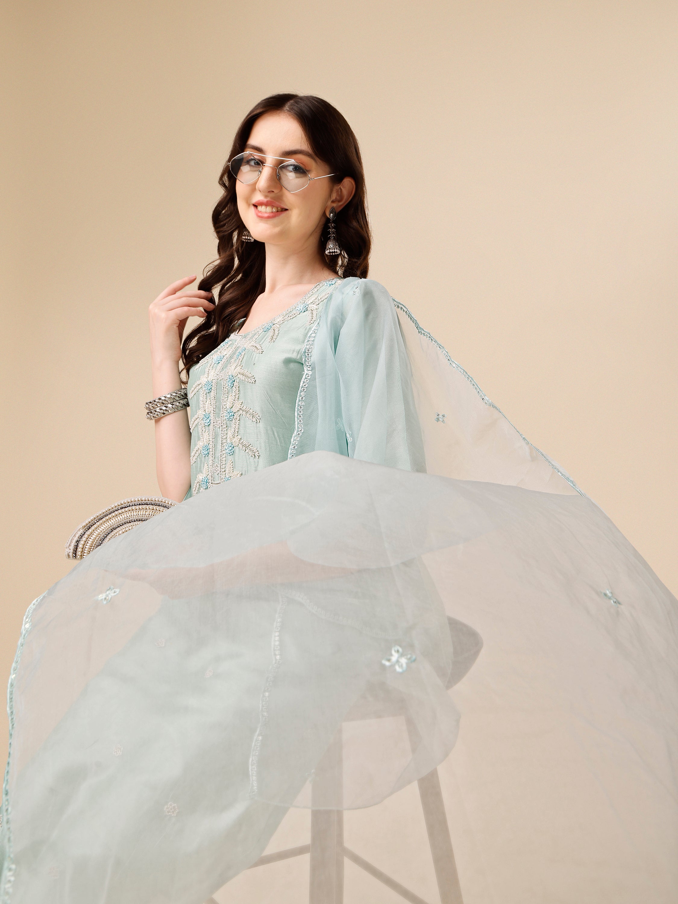 Hand Embroidered Kurta With Pant And Organza Dupatta Set, Multicolor - Hiral Fashion - Distacart