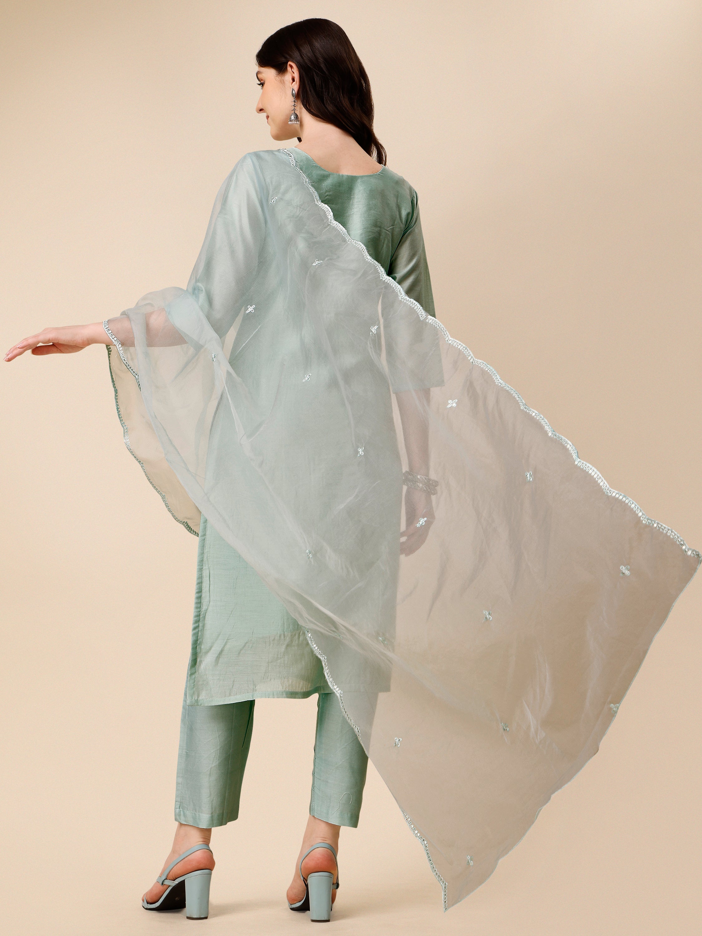 Hand Embroidered Kurta With Pant And Organza Dupatta Set, Multicolor - Hiral Fashion - Distacart
