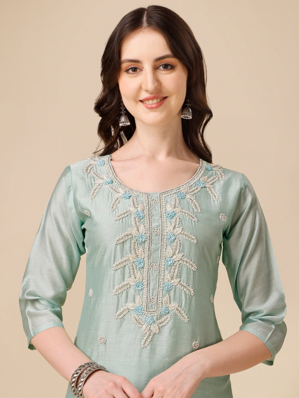 Hand Embroidered Kurta With Pant And Organza Dupatta Set, Multicolor - Hiral Fashion - Distacart