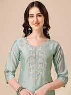 Hand Embroidered Kurta With Pant And Organza Dupatta Set, Multicolor - Hiral Fashion - Distacart