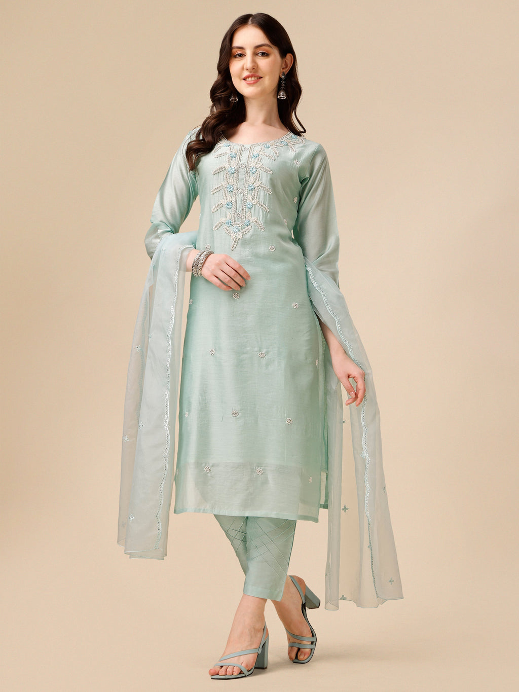 Hand Embroidered Kurta With Pant And Organza Dupatta Set, Multicolor - Hiral Fashion - Distacart