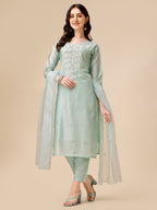 Hand Embroidered Kurta With Pant And Organza Dupatta Set, Multicolor - Hiral Fashion - Distacart