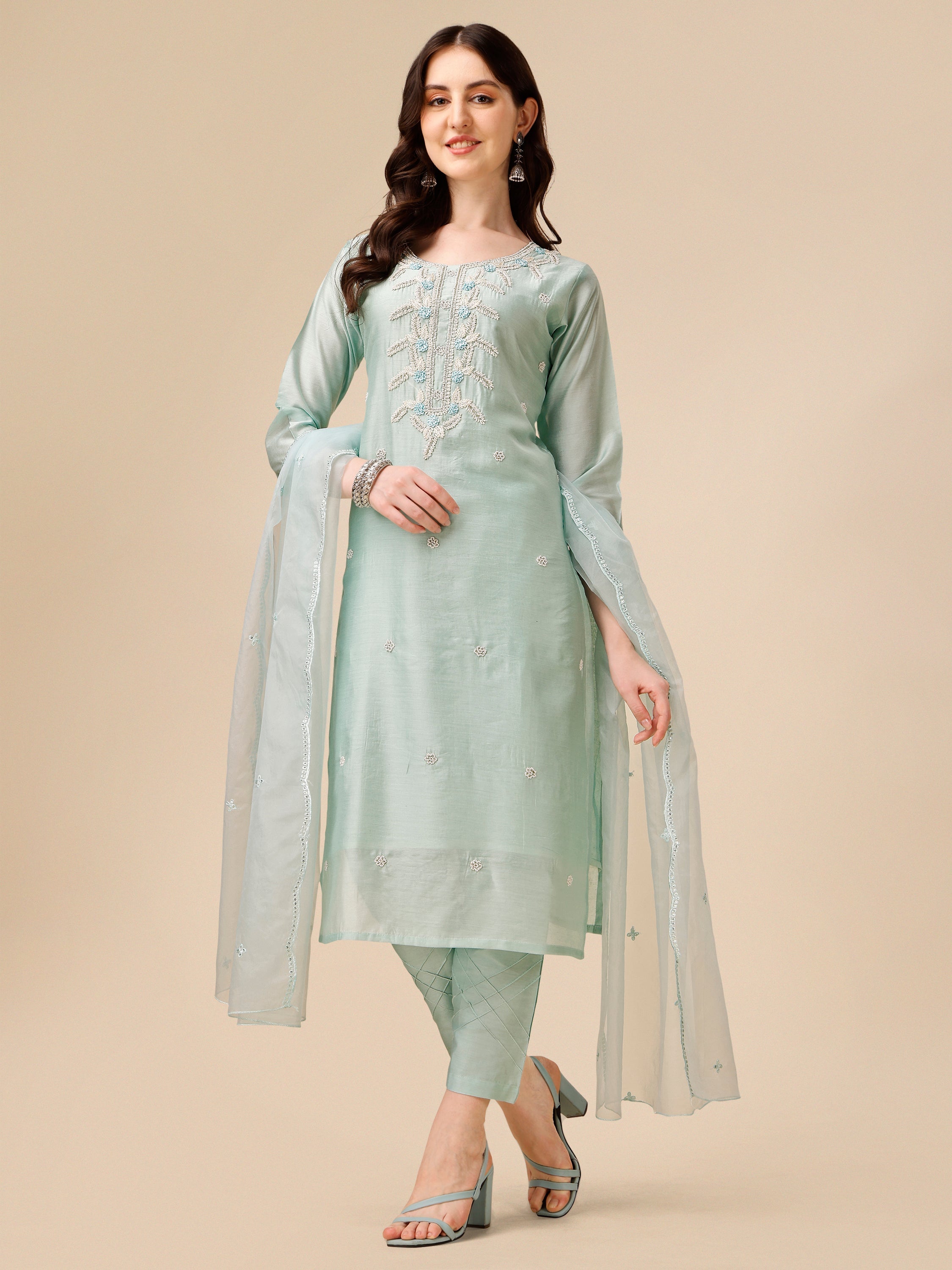 Hand Embroidered Kurta With Pant And Organza Dupatta Set, Multicolor - Hiral Fashion - Distacart