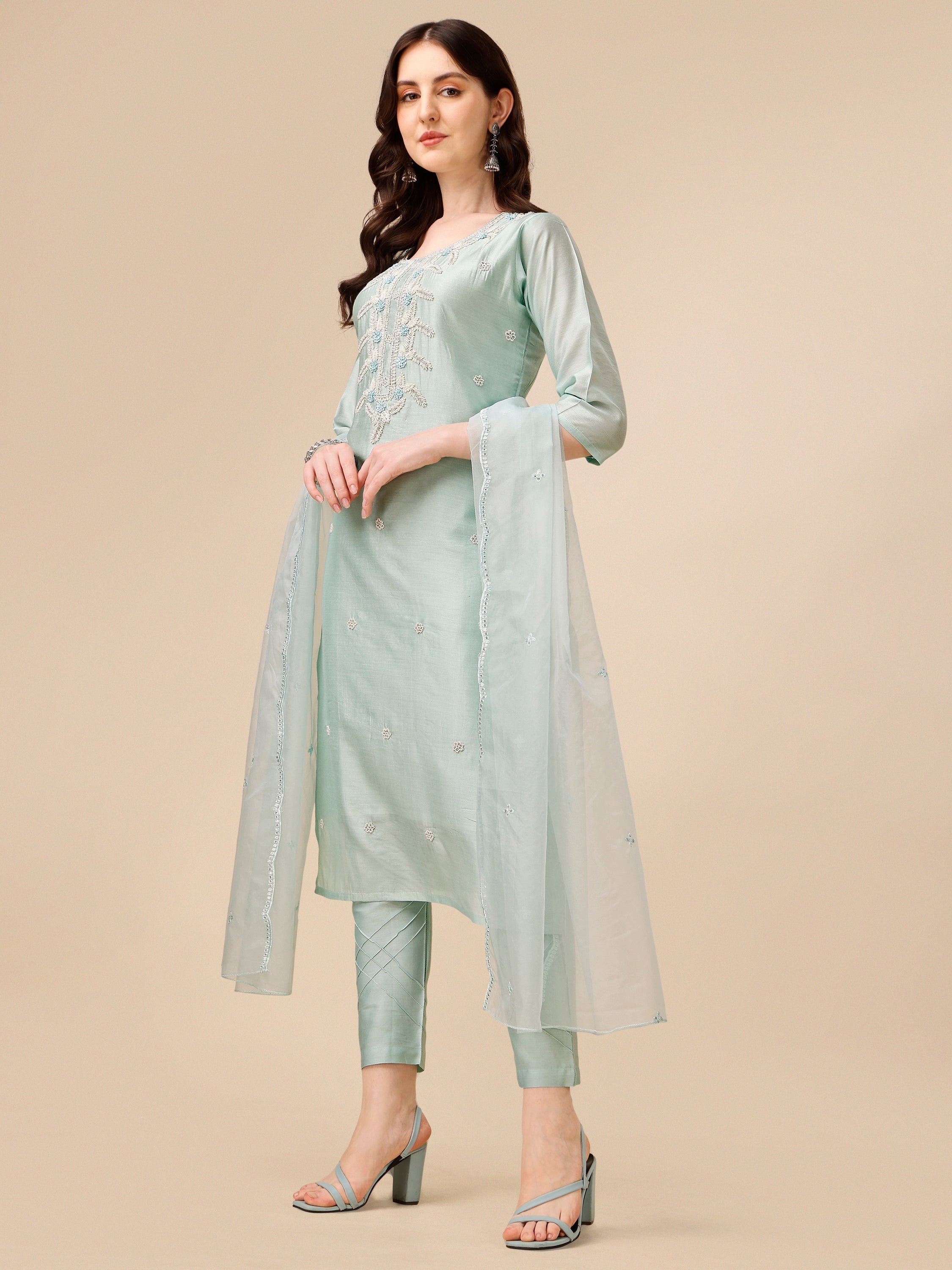 Hand Embroidered Kurta With Pant And Organza Dupatta Set, Multicolor - Hiral Fashion - Distacart